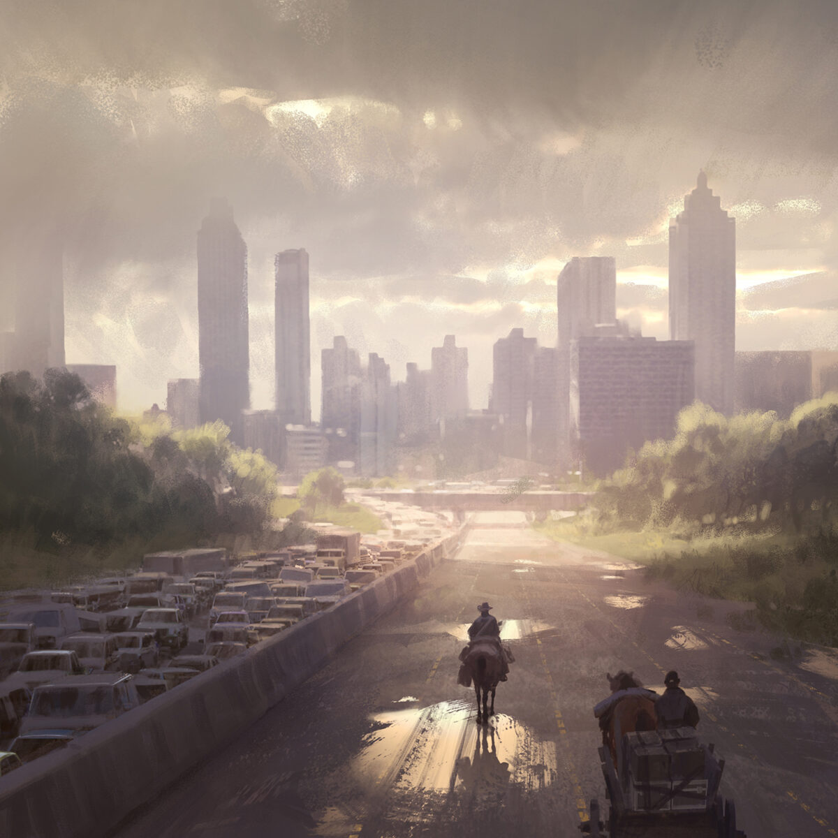 illustration showing a view of the city and abandoned cars